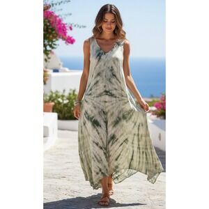 XCVI Tie-Dye Handkerchief Hem Maxi Dress Womens S Green Sleeveless Boho Festival